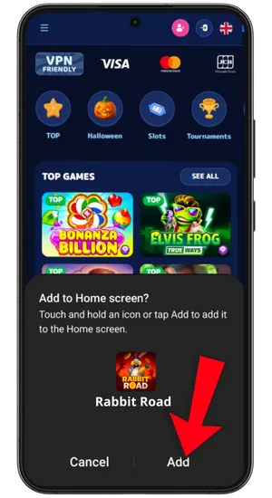 Confirming Rabbit Road app installation on Android