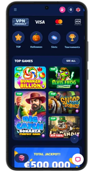 Casino homepage with Rabbit Road Android download section